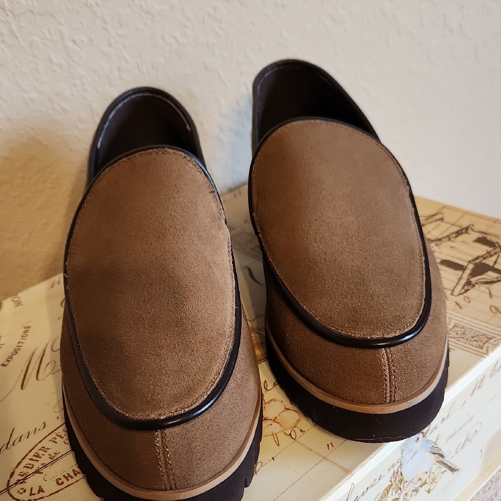 Donald J. Pliner Taupe Suede Loafers with Brown Trim